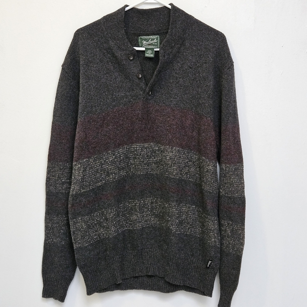 Woolrich Men's Sz L Cotton & Wool Blend Utility Outdoor Gray Maroon Sweater